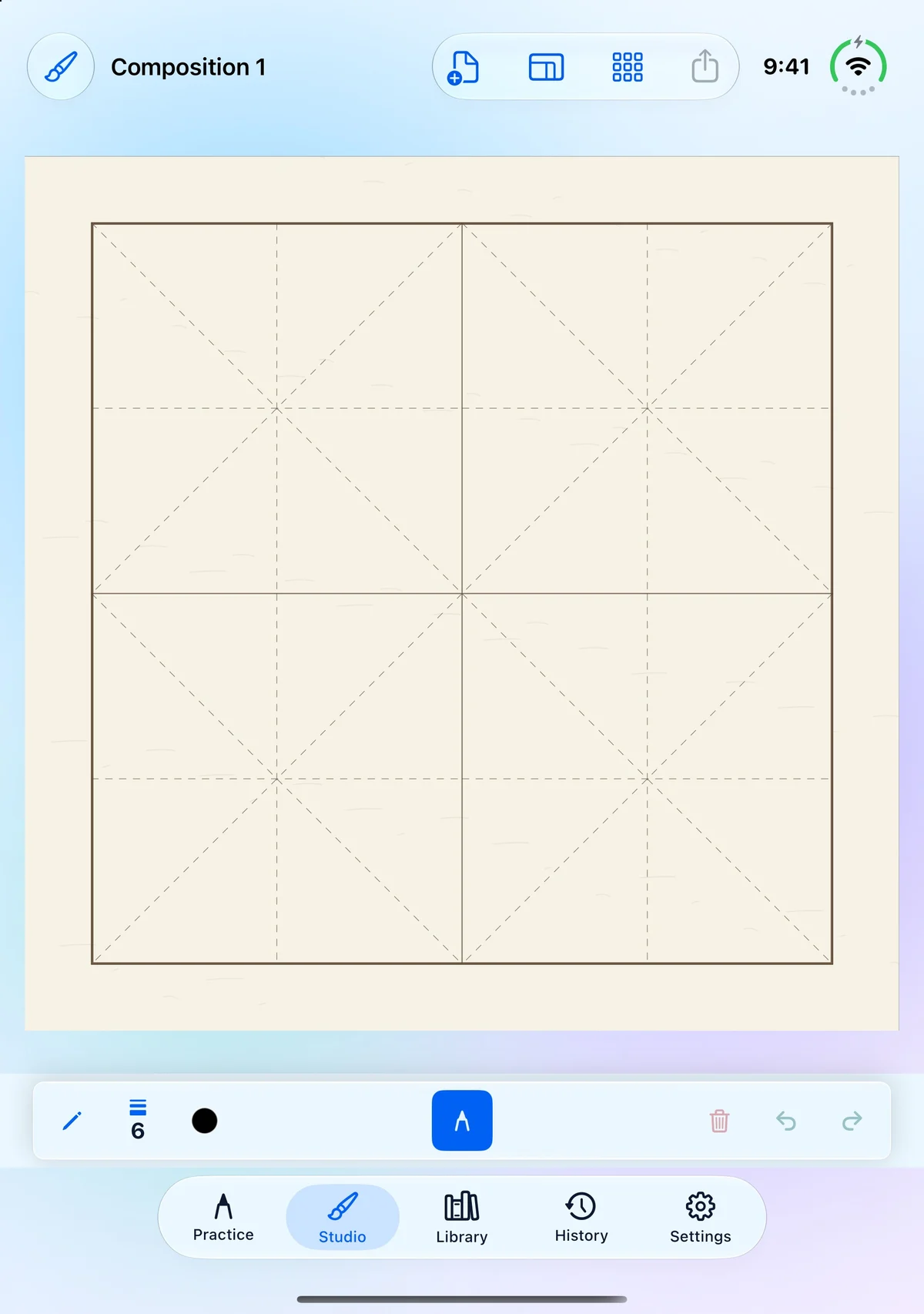 Studio on the iPhone Duo inner display: a large 2 by 2 paper grid with document controls above and drawing editor below