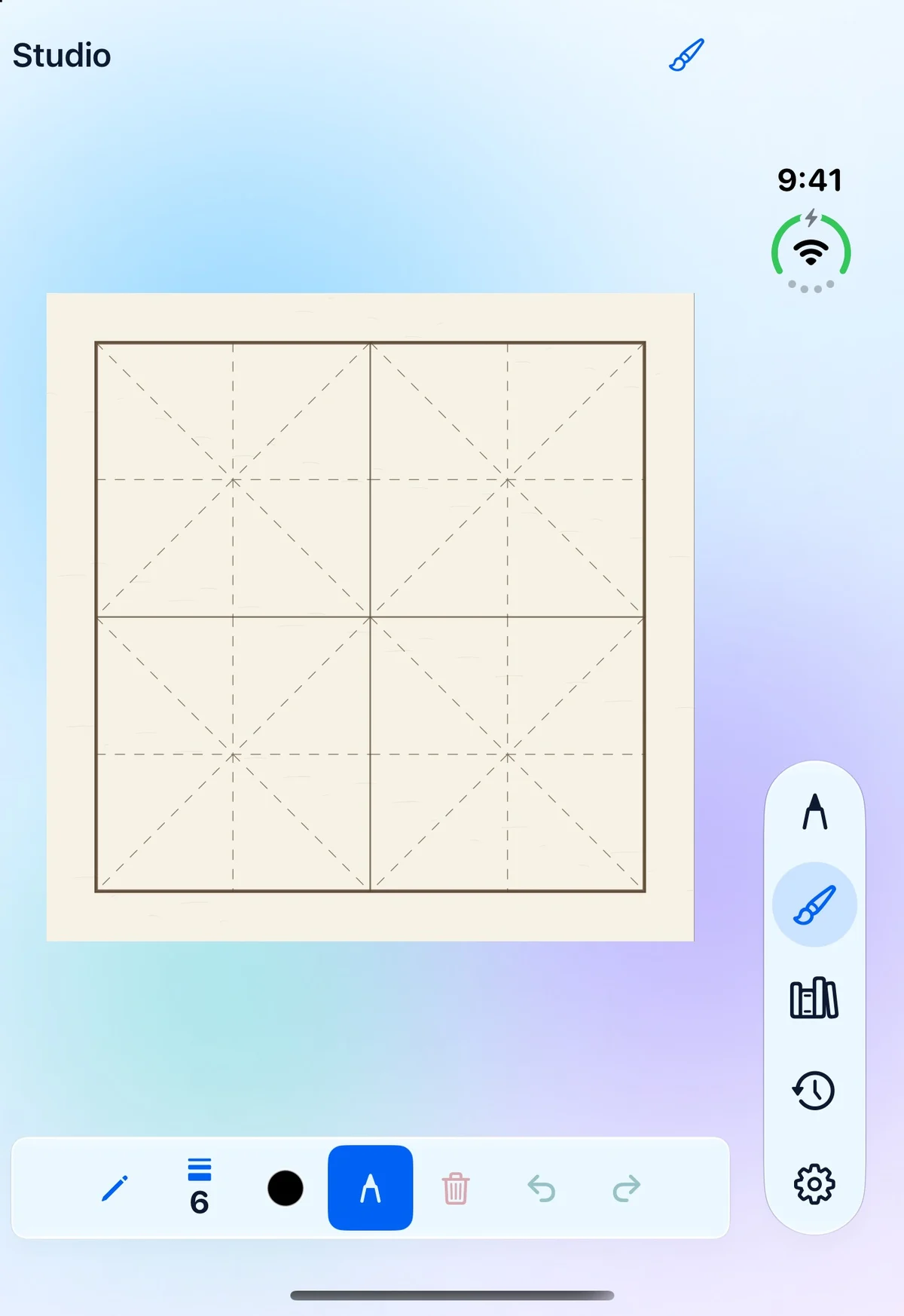 Studio on the iPhone Duo cover: a 2 by 2 paper grid with navigation beside the paper and a compact drawing editor below