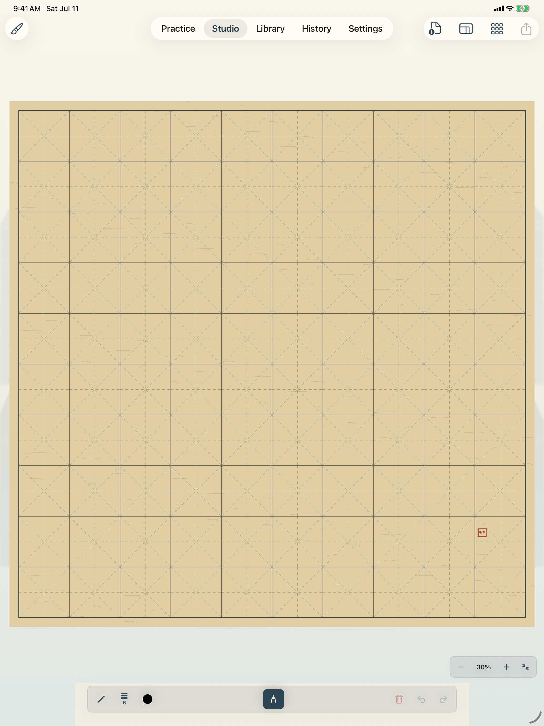 HanziAgain Studio on iPad in Ink Landscape, showing a large traditional writing grid, paper texture, name seal, and drawing controls